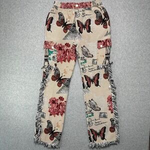 Guapi Paris Butterfly Tapestry Cargo Pants Beige Red Fringed Mens Size 34